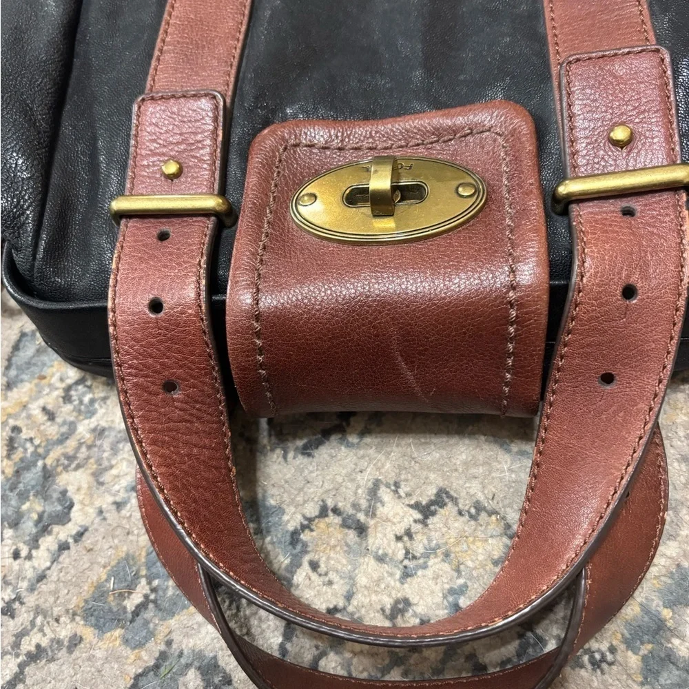 Fossil Black and Tan Leather Satchel vintage
